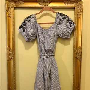 pinstripe dress w/ floral embroidered sleeves